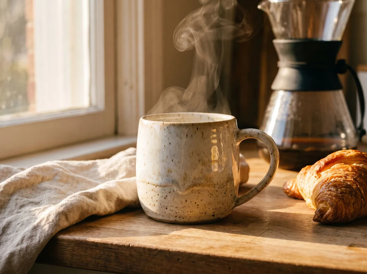 The same mug in a sunlit kitchen, AI lifestyle product photo